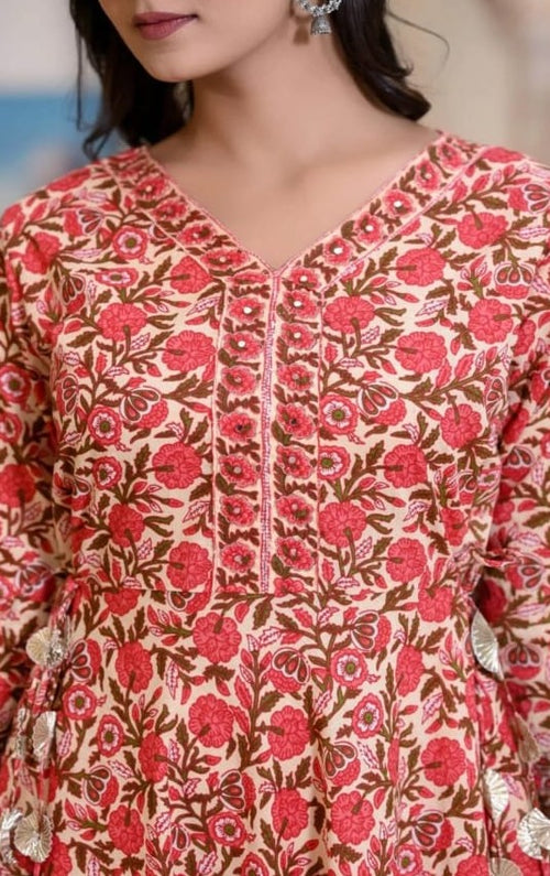 Cotton Printed Anarkali Kurti for Women (Red, M)